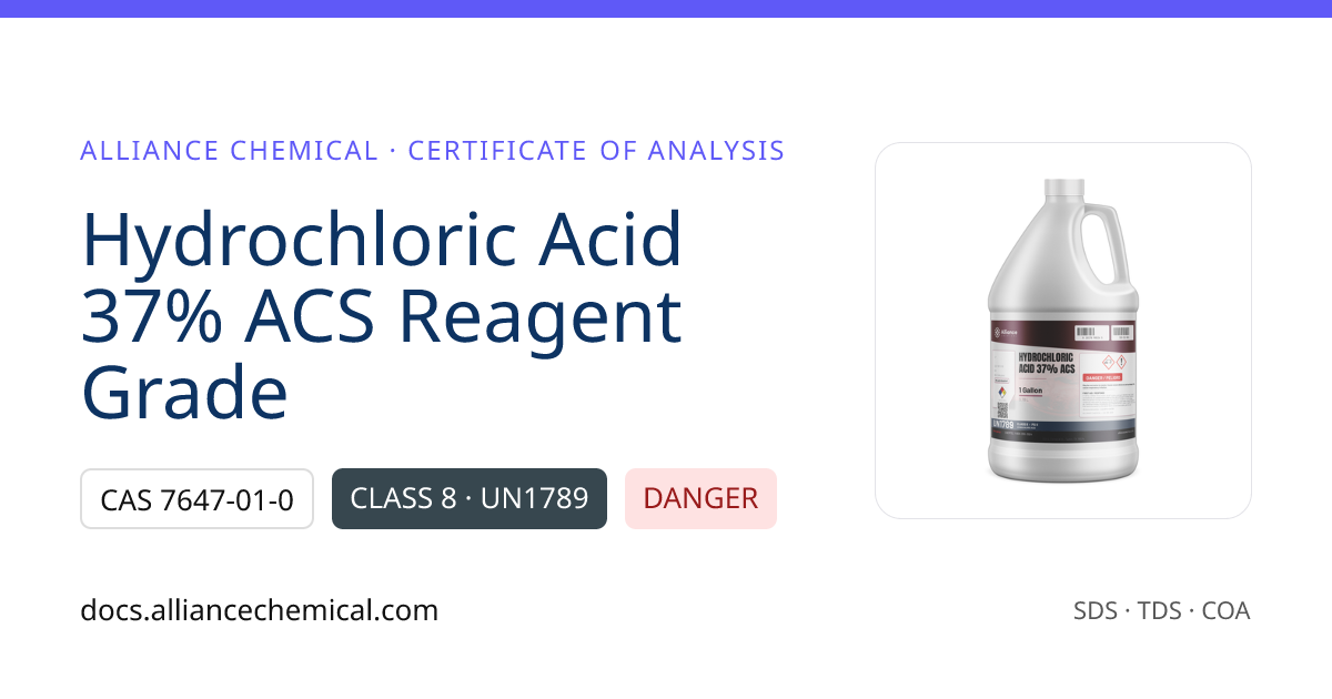 Hydrochloric Acid 37% ACS Reagent Grade — Sample Certificate of ...